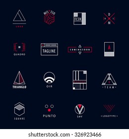 Vector set of minimal geometric hipster logos, icons, signs. Abstract logos collection on black background