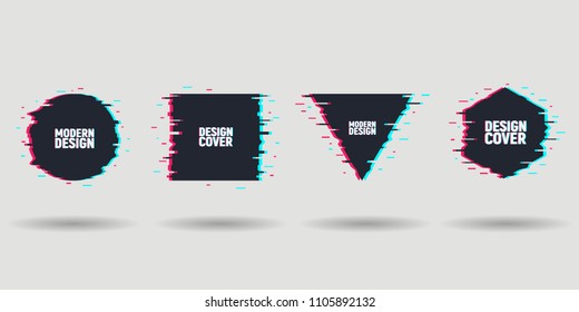 Vector set of minimal geometric shapes frames. Template of frames with glitch effect. Modern elements for design banners, posters, covers, cards, flyers, brochures