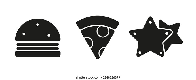 Vector set of  minimal isolated black fast food icons. White background. Simple symbols. Illustrations of burger slice of pizza and star gingerbread