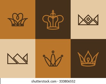 Vector set of minimal line crown icon. Logos set graphic design elements. Vector flat illustration.