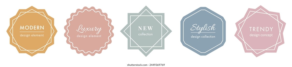 Vector set of minimal outline badges, frames. Simple labels with copy space for text. Abstract retro aesthetic design templates in pastel colors. Stylish linear shape borders. Trendy geometric element