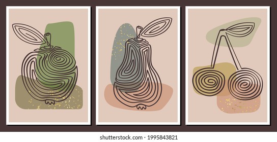 Vector set of minimal posters with boho fruits line art drawing with abstract organic shapes.Apple, pear and cherry modern  art design for print,cover,wallpaper. Natural wall art decoration.