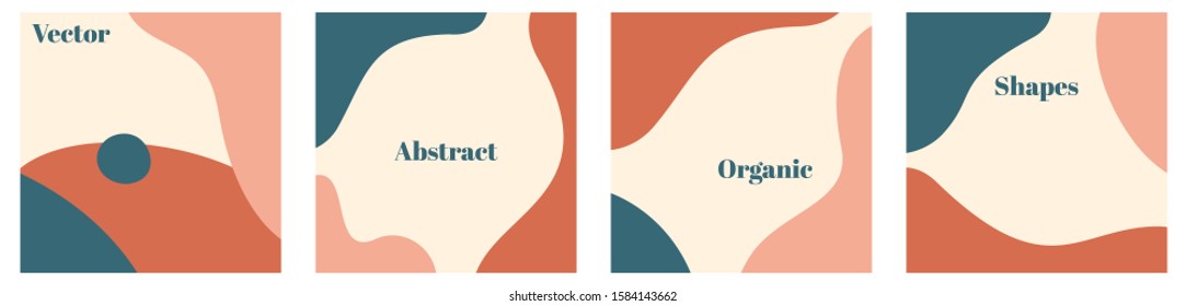 Vector set of minimal square backgrounds with organic abstract shapes and sample text in pastel colors