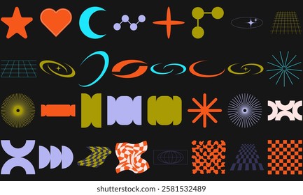 Vector set of minimalism Geometric Shapes. Graphic Elements Sparkle, starburst, twinkle, star burst, planets, crescent moon, sun, sunray, sunbeam and sunburst icons set. Y2K design element.