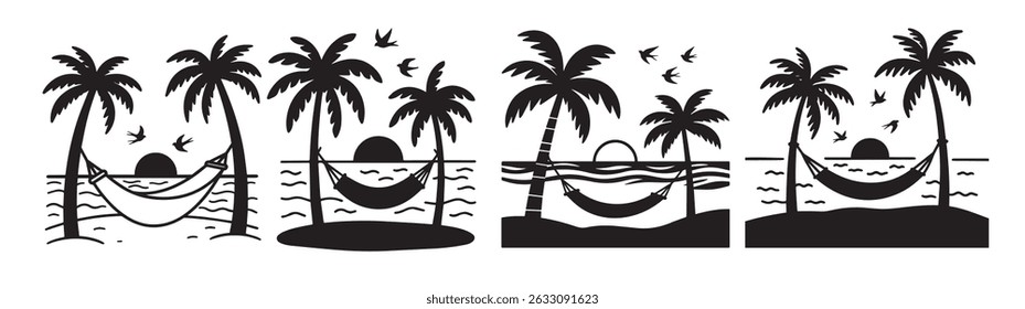 Vector Set – Minimalist Black Line Art of Tropical Island Sunset with Hammock Between Palm Trees, Birds in the Sky, and Ocean Waves

