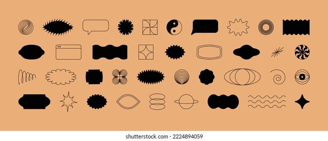 Vektorset aus minimalistischen brutalistischen Designelementen, futuristischen Formen und geometrischen Figuren und Sternen - abstrakte Hintergrundelemente für Branding, Verpackung, Drucke und Social-Media-Beiträge