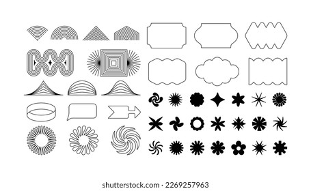 Vector set of minimalist brutalist design elements, futuristic shapes and geometric figures and stars - abstract background elements for branding, packaging, prints and social media posts