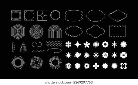 Vector set of minimalist brutalist design elements, futuristic shapes and geometric figures and stars - abstract background elements for branding, packaging, prints and social media posts