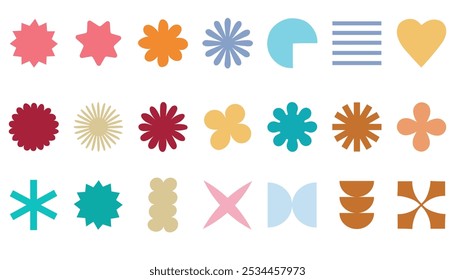 Conjunto de Vector de Elementos de diseño brutalistas minimalistas, Formas futuristas y figuras geométricas y estrellas - Elementos de fondo abstractos para branding, empaques, impresiones y publicaciones en redes sociales