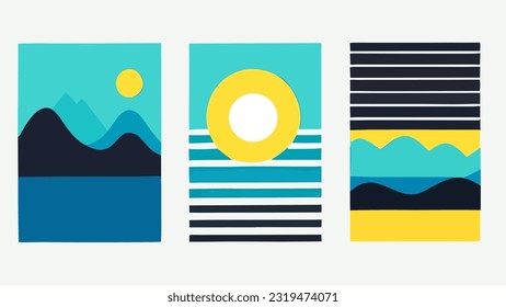Vector Set Diseño minimalista para el fondo abstracto del mar de montañas y sol, para exhibición en la pared de la casa, banner ,disposición