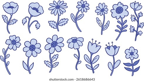 Vector set of minimalist design elements, flowers, doodles, scribbles - 