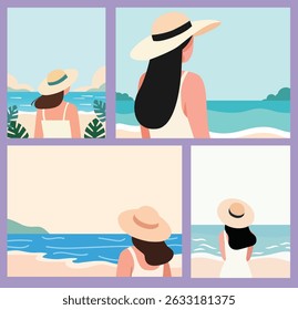 Vector Set – Minimalist Flat Summer Poster of a Woman Looking at the Ocean