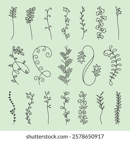 Vector set. Minimalist floral doodles on a green background. Simple floral designs with delicate lines. Perfect for floral-themed projects or minimalist art lovers. Hand drawn ornament vector set.