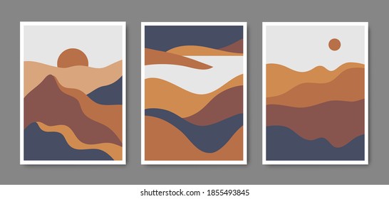 Vector set of minimalist mountain landscapes, cover design, posters, abstract art, cards. Mountain layout design, abstract geometric landscape banners with minimalist shapes and curved lines.