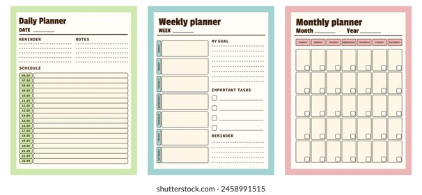 Vector set of minimalist planners. Monthly, weekly, daily planner template. Vector illustration