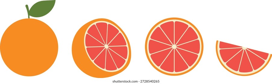 Vector set of minimalist red grapefruit icons whole citrus fruit with leaf, half, cross-section and slice