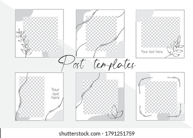 Vector Set Of Minimalist Social Media Templates. Instagram Post Templates. Square Editable Templates. Abstract Minimalist Leaves Background