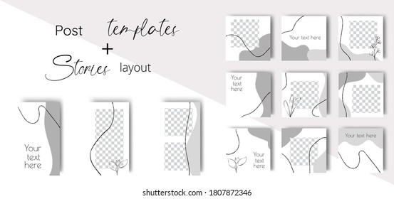 Vector Set Of Minimalist Templates For Social Media . Instagram Post Templates. Square Editable Templates, Stories Layout. Abstract Minimalist Leaves Background