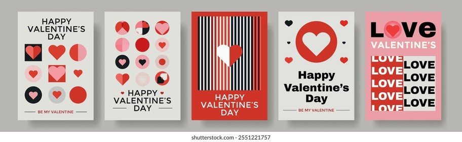 "Vector set of minimalist Valentine's Day cards in modern flat style. Features bold colors like red, pink, black, white, with geometric patterns, hearts, and clean text. Scalable design for print or d