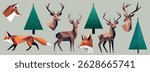 Vector set minimalistic abstract illustration of origami forest animals, deer. fox made using simple geometric shapes. Reindeer for printing, wallpaper, digital projects. 