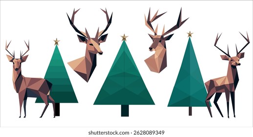 Vector set minimalistic abstract illustration of origami Christmas tree, deer made using simple geometric shapes. Reindeer suitable for printing, wallpaper, digital projects. 