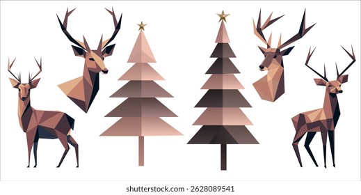 Vector set minimalistic abstract illustration of origami Christmas tree, deer made using simple geometric shapes. Reindeer suitable for printing, wallpaper, digital projects. 