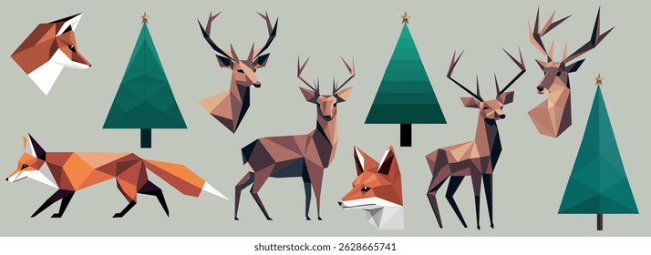 Vector set minimalistic abstract illustration of origami forest animals, deer. fox made using simple geometric shapes. Reindeer for printing, wallpaper, digital projects. 