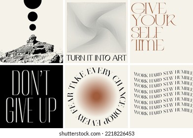 Vector set of minimalistic placard with motivational quotes. Creative artwork. Template for card, poster, banner, print for t-shirt, pin, badge, patch.