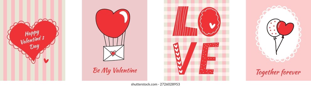  Conjunto de Vector de tarjetas románticas minimalistas con corazones decorativos dibujados a mano, iconos del día de San Valentín y citas de amor. Lindos diseños de San Valentín en rosa suave y rojo, perfecto para tarjetas de felicitación, impresiones y regalos. Fondo transparente. 