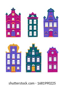Conjunto vectorial de casas tradicionales minimalistas. Colección vectorial de fachadas multicolores de edificios antiguos sobre fondo blanco aislado en estilo escandinavo de moda.