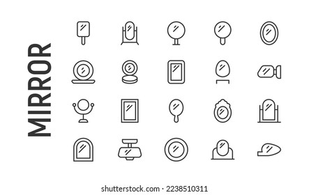 Vector set of mirror thin line icons. Design of 20 stroke pictograms. Signs of mirror isolated on a white background.