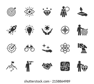 Conjunto vectorial de misión, visión y valores iconos planos. Conceptos empresariales. Pixel perfecto.