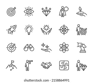 Vector set of mission, vision and values line icons. Business concepts. Pixel perfect.