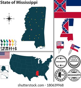 Vector set of Mississippi state with flag and icons on white background