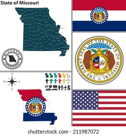 Vector set of Missouri state with flag and icons on white background