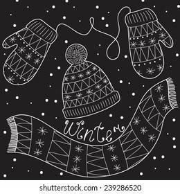 Vector set with mittens, cap and scarf in black and white colors