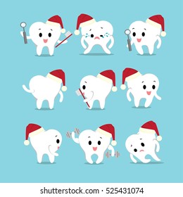 Vector set of mix Cute healthy white teeth wearing santa hat action for Christmas 