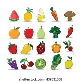 Vector set of Mix fruit and Vegetable (Watermelon, Pineapple, Banana, Grapes, Apple, Kiwi, Strawberry, Mango, Raspberry, Carrot, Broccoli, Beetroot, Bell pepper, Lemon, Chili, lettuce)

