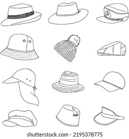 Vector Set Mix Of Hat, Cap, Headwear.  Includes Winter Beanie, Baseball Cap, Bucket Hat, Fedora, And Sailor Hat