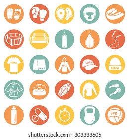 Vector Set of Mix Martial Arts Icons. MMA Icons.  Boxing, Kick Boxing, Thai Boxing, Wrestling, Grappling, Cross Fit. Fighting, Training and Competition.
