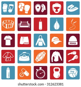 Vector Set of Mix Martial Arts Icons. MMA Icons.  Boxing, Kick Boxing, Thai Boxing, Wrestling, Grappling, Cross Fit. Fighting, Training and Competition.