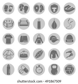 Vector Set of Mix Martial Arts Icons. MMA Icons.  Boxing, Kick Boxing, Thai Boxing, Wrestling, Grappling. Fighting, Training and Competition.