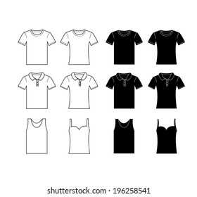 Vector Set of Mix Men and women shirt,T-Shirt,Polo,Vest,Tank top template