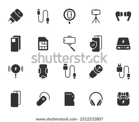 Vector set of mobile accessories flat icons. Contains icons charging, case, tripod, cable, headphones, sim card, power bank, bluetooth headset and more. Pixel perfect.