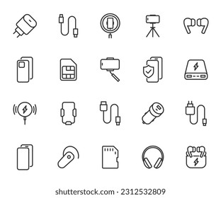 Vector set of mobile accessories line icons. Contains icons charging, case, tripod, cable, headphones, sim card, power bank, bluetooth headset and more. Pixel perfect.