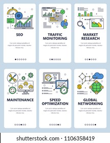 Vector set of mobile app onboarding screens. SEO, Traffic monitoring, Market research, Maintenance, Speed optimization, Global networking web templates and banners. Thin line art style design icons.