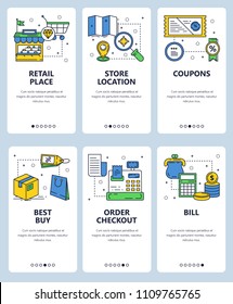 Vector set of mobile app onboarding screens. Retail place, Store location, Coupons, Best buy, Order checkout, Bill web templates and banners. Thin line art style design icons for website menu.