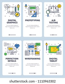 Vector set of mobile app onboarding screens. Digital graphics, Prototyping, A B Testing, Perfection details, Wireframing, Digital tablet web templates and banners. Thin line art style design icons.