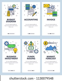 Vector set of mobile app onboarding screens. Budget diagram, Accounting, Invoice, Business investment, Funds raising, Market forecast web templates and banners. Thin line art style design icons.