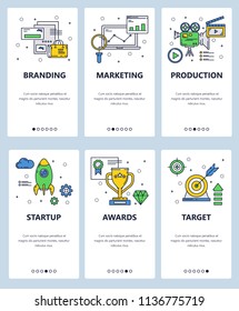 Vector set of mobile app onboarding screens. Branding, Marketing, Production, Startup, Awards, Target web templates and banners. Thin line art style design icons for website menu.